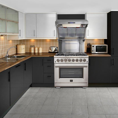 Forno 5-Piece Appliance Package - 36-Inch Dual Fuel Range, Refrigerator, Wall Mount Hood with Backsplash, 24-Inch Microwave Drawer, & 3-Rack Dishwasher in Stainless Steel - AP5-6156-36-MWD