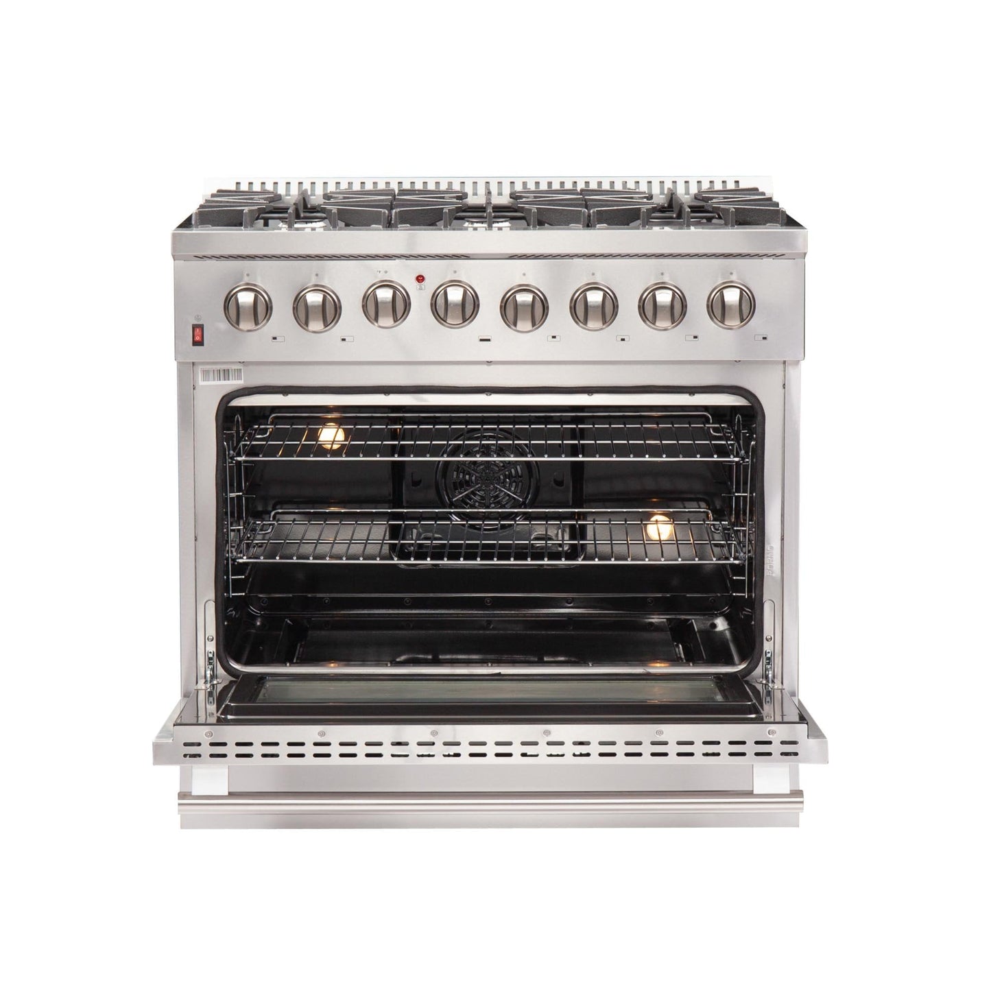 Forno 5-Piece Appliance Package - 36-Inch Dual Fuel Range, Refrigerator, Wall Mount Hood with Backsplash, 24-Inch Microwave Drawer, & 3-Rack Dishwasher in Stainless Steel - AP5-6156-36-MWD