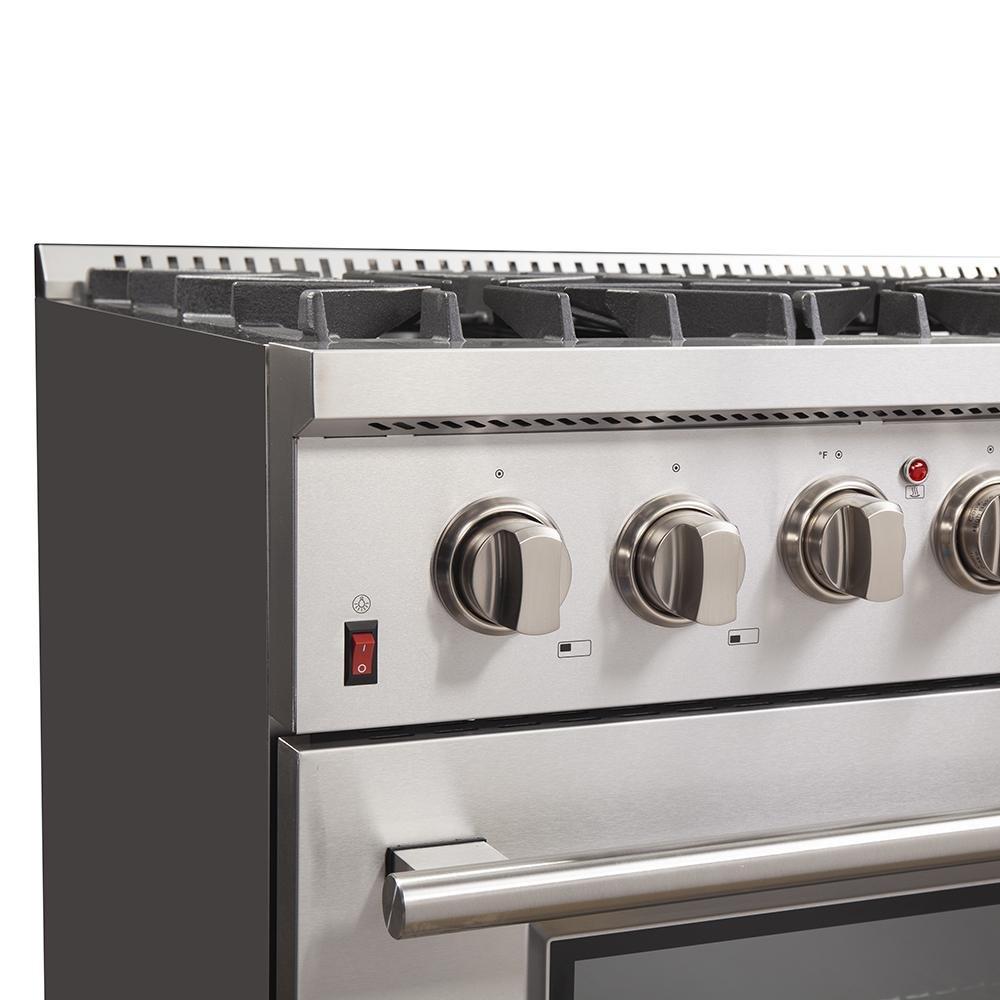 Forno 5-Piece Appliance Package - 36-Inch Dual Fuel Range, Refrigerator, Wall Mount Hood with Backsplash, 24-Inch Microwave Drawer, & 3-Rack Dishwasher in Stainless Steel - AP5-6156-36-MWD
