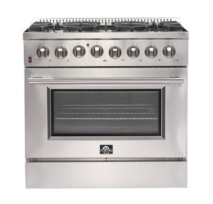 Forno 5-Piece Appliance Package - 36-Inch Dual Fuel Range, Refrigerator, Wall Mount Hood with Backsplash, 24-Inch Microwave Drawer, & 3-Rack Dishwasher in Stainless Steel - AP5-6156-36-MWD