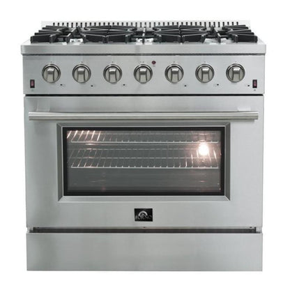 Forno 5-Piece Appliance Package - 36-Inch Gas Range, Refrigerator with Water Dispenser, Wall Mount Hood with Backsplash, 24-Inch Microwave Oven, & 3-Rack Dishwasher in Stainless Steel - APW5-6244-36-MWO