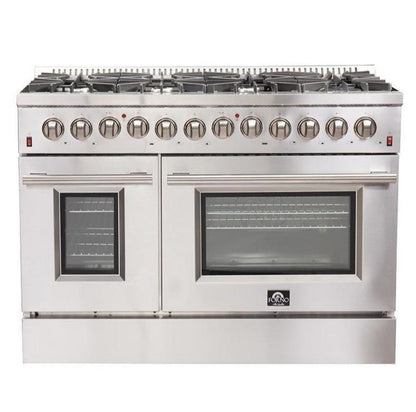 Forno 5-Piece Appliance Package - 48-Inch Dual Fuel Range, Refrigerator, Wall Mount Hood with Backsplash, 24-Inch Microwave Drawer, & 3-Rack Dishwasher in Stainless Steel - AP5-6156-48-MWD