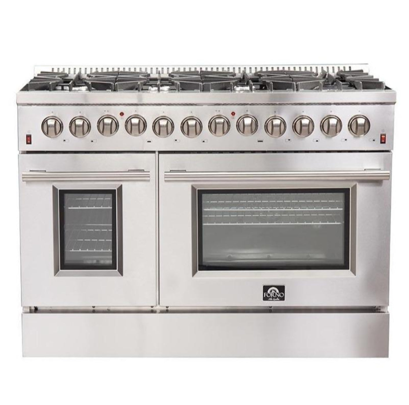Forno 5-Piece Appliance Package - 48-Inch Dual Fuel Range, Refrigerator with Water Dispenser, Wall Mount Hood, 24-Inch Microwave Drawer, & 3-Rack Dishwasher in Stainless Steel - APW5-6156-48-H-MWD