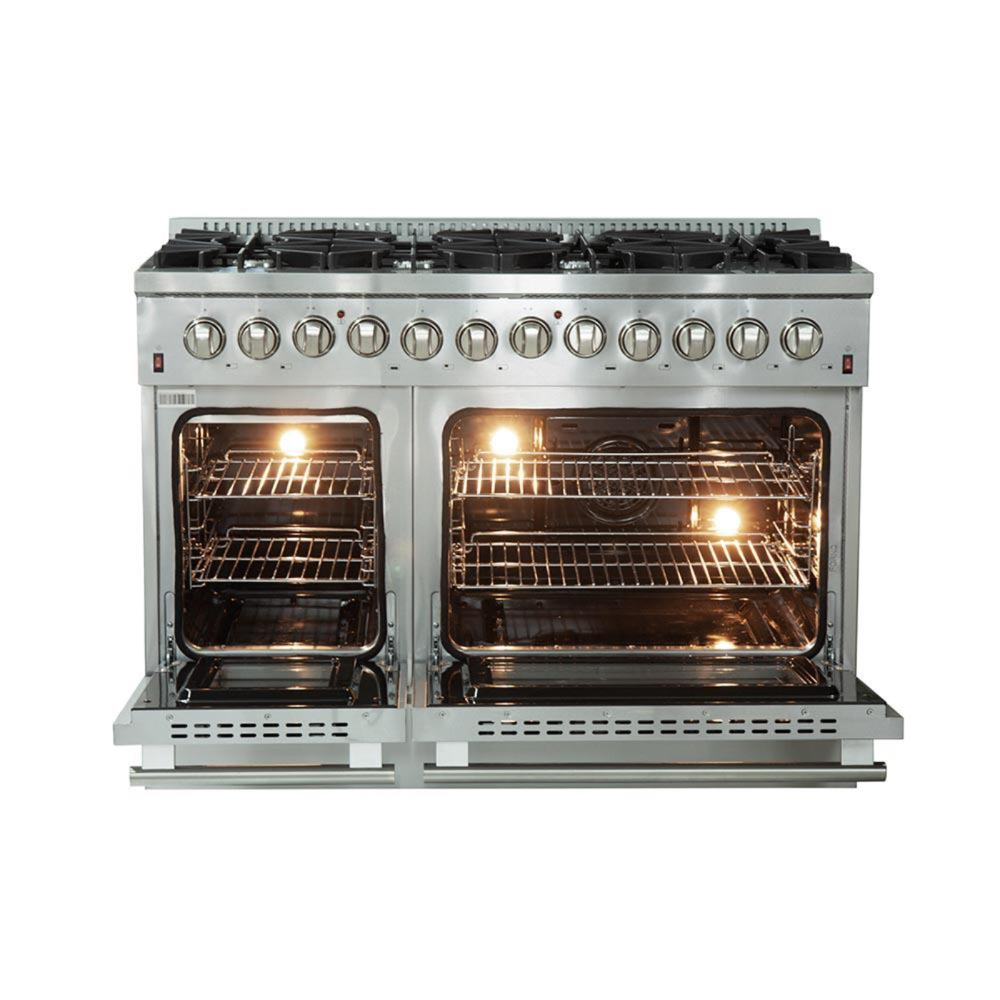Forno 5-Piece Appliance Package - 48-Inch Dual Fuel Range, Refrigerator with Water Dispenser, Wall Mount Hood, 24-Inch Microwave Drawer, & 3-Rack Dishwasher in Stainless Steel - APW5-6156-48-H-MWD