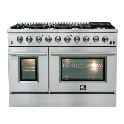 Forno 4-Piece Appliance Package - 48-Inch Gas Range, Refrigerator with Water Dispenser, Wall Mount Hood, & 3-Rack Dishwasher in Stainless Steel - APW4-6244-48-H