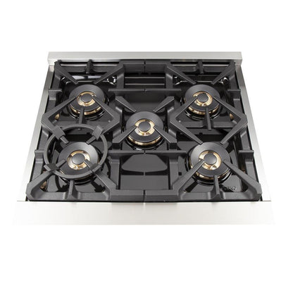 Forno 5-Piece Pro Appliance Package - 30-Inch Dual Fuel Range, Refrigerator, Wall Mount Hood with Backsplash, 24-Inch Microwave Oven, & 3-Rack Dishwasher in Stainless Steel - AP5-6187-30-MWO