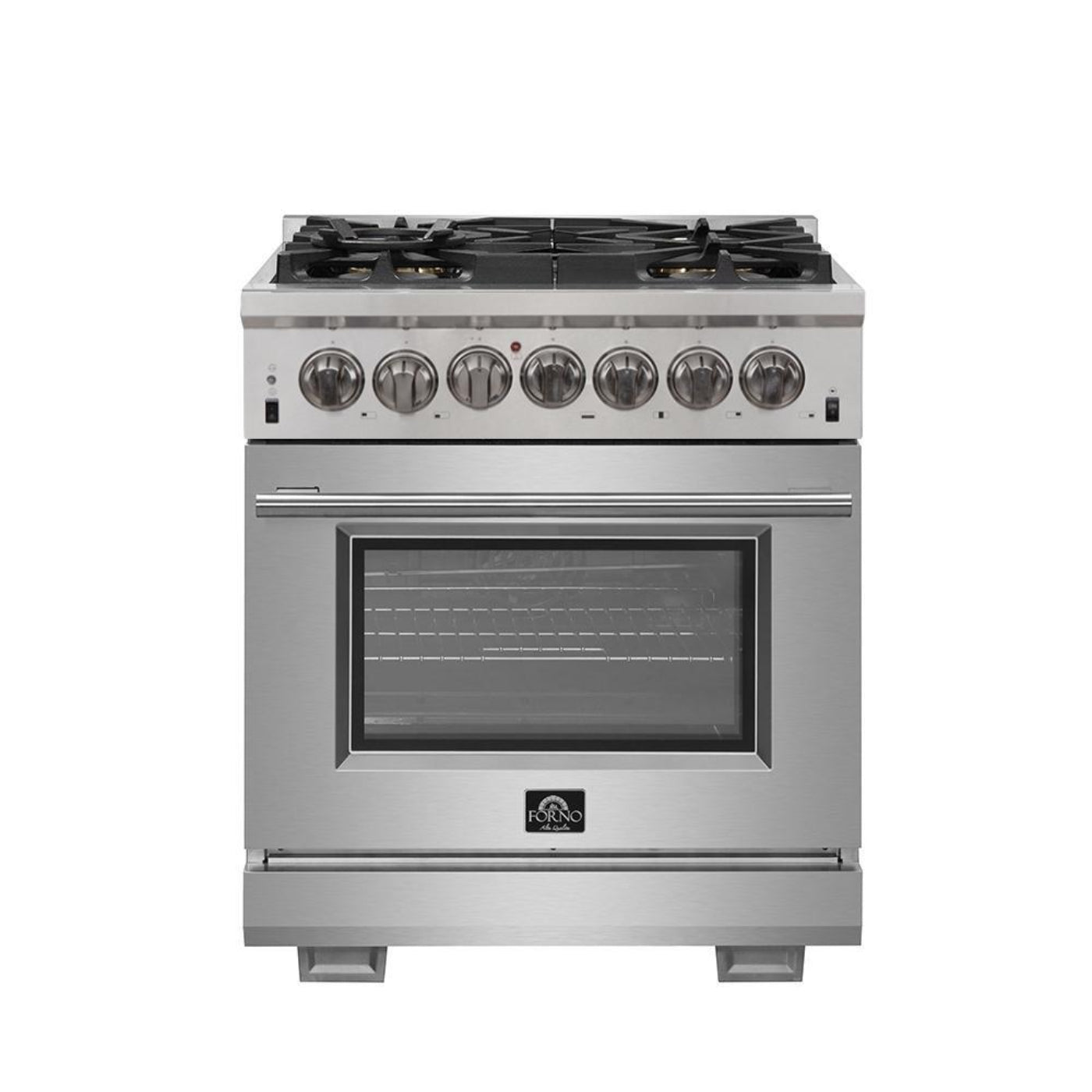 Forno 5-Piece Pro Appliance Package - 30-Inch Dual Fuel Range, Refrigerator, Wall Mount Hood with Backsplash, 24-Inch Microwave Oven, & 3-Rack Dishwasher in Stainless Steel - AP5-6187-30-MWO