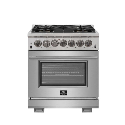 Forno 5-Piece Pro Appliance Package - 30-Inch Dual Fuel Range, Refrigerator, Wall Mount Hood with Backsplash, 24-Inch Microwave Oven, & 3-Rack Dishwasher in Stainless Steel - AP5-6187-30-MWO