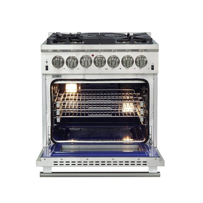 Forno 5-Piece Pro Appliance Package - 30-Inch Dual Fuel Range, Refrigerator, Wall Mount Hood with Backsplash, 24-Inch Microwave Oven, & 3-Rack Dishwasher in Stainless Steel - AP5-6187-30-MWO