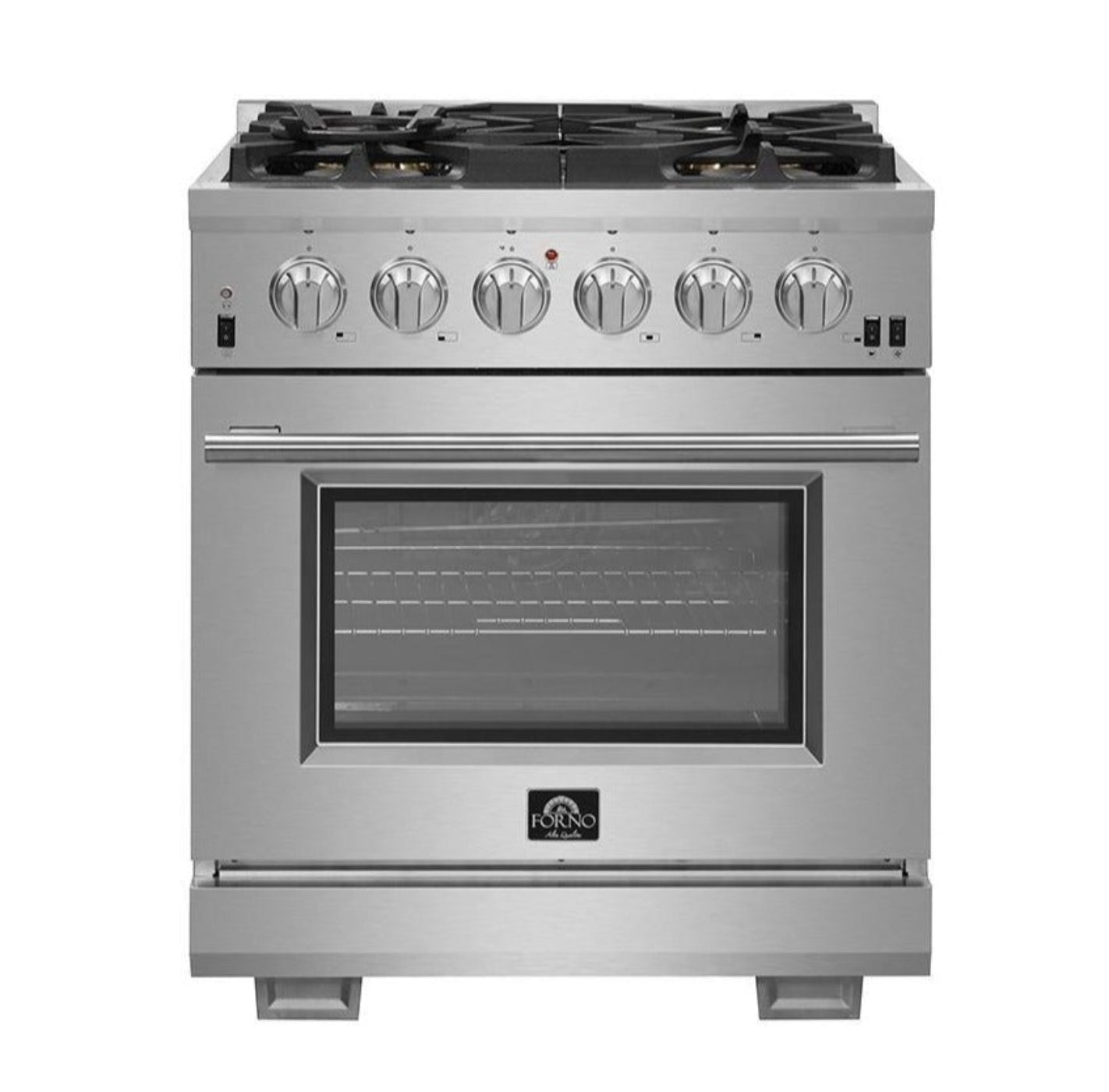 Forno 5-Piece Pro Appliance Package - 30-Inch Gas Range, Refrigerator, Wall Mount Hood with Backsplash, 24-Inch Microwave Drawer, & 3-Rack Dishwasher in Stainless Steel - AP5-6260-30-MWD