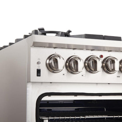 Forno 5-Piece Pro Appliance Package - 30-Inch Gas Range, Refrigerator, Wall Mount Hood with Backsplash, 24-Inch Microwave Drawer, & 3-Rack Dishwasher in Stainless Steel - AP5-6260-30-MWD