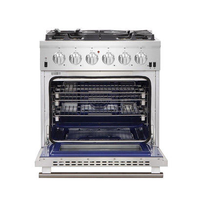 Forno 5-Piece Pro Appliance Package - 30-Inch Gas Range, 36-Inch Refrigerator Wall Mount Hood with Backsplash, 24-Inch Microwave Oven, & 3-Rack Dishwasher in Stainless Steel - AP5-6260-30-MWO