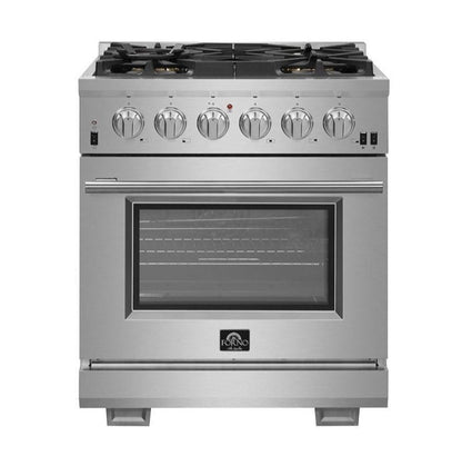 Forno 5-Piece Pro Appliance Package - 30-Inch Gas Range, 36-Inch Refrigerator Wall Mount Hood with Backsplash, 24-Inch Microwave Oven, & 3-Rack Dishwasher in Stainless Steel - AP5-6260-30-MWO
