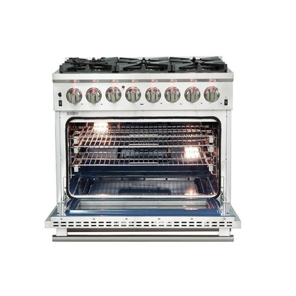 Forno 5-Piece Pro Appliance Package - 36-Inch Dual Fuel Range, 36-Inch Refrigerator, Wall Mount Hood with Backsplash, 24-Inch Microwave Drawer, & 3-Rack Dishwasher in Stainless Steel - AP5-6187-36-MWD