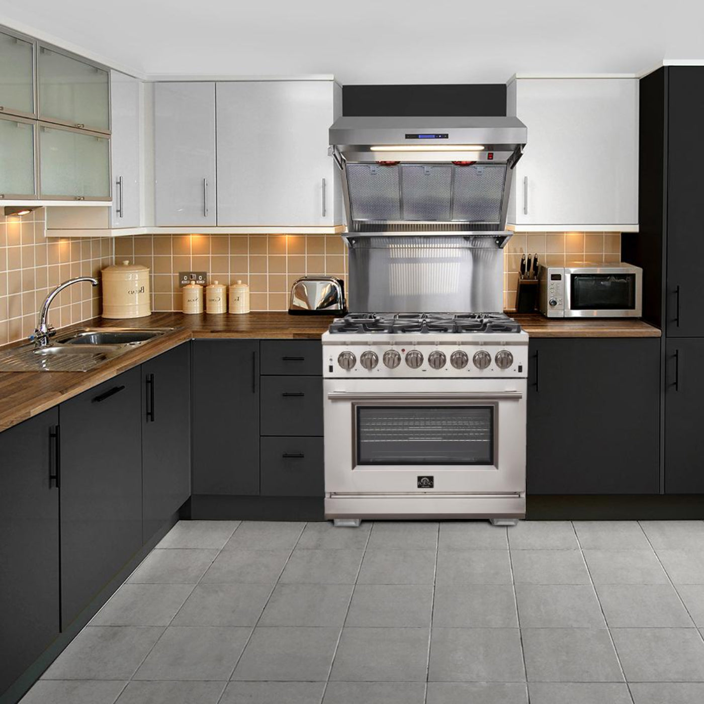 Forno 5-Piece Pro Appliance Package - 36-Inch Dual Fuel Range, 36-Inch Refrigerator, Wall Mount Hood with Backsplash, 24-Inch Microwave Drawer, & 3-Rack Dishwasher in Stainless Steel - AP5-6187-36-MWD