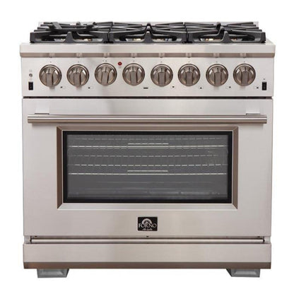 Forno 5-Piece Pro Appliance Package - 36-Inch Dual Fuel Range, Refrigerator, Wall Mount Hood with Backsplash, 24-Inch Microwave Oven, & 3-Rack Dishwasher in Stainless Steel - AP5-6187-36-MWO