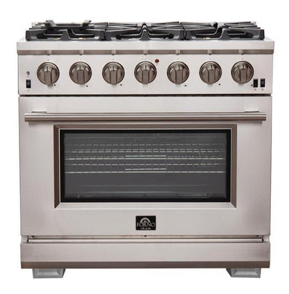 Forno 4-Piece Pro Appliance Package - 36-Inch Gas Range, Refrigerator, Wall Mount Hood, & 3-Rack Dishwasher in Stainless Stee - APR4-6260-36-Hl