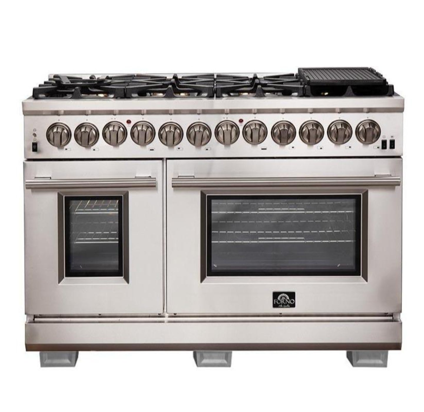 Forno 5-Piece Pro Appliance Package - 48-Inch Dual Fuel Range, Refrigerator, Wall Mount Hood with Backsplash, 24-Inch Microwave Drawer, & 3-Rack Dishwasher in Stainless Steel - AP5-6187-48-MWD