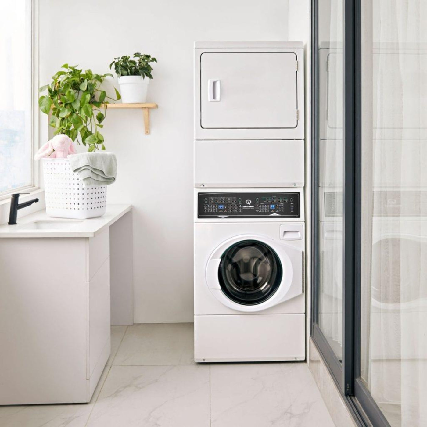 SPEED QUEEN SF7008WG SF7 Stacked White Washer - Gas Dryer with Pet Plus Sanitize Fast Cycle Times  - SF7008WG