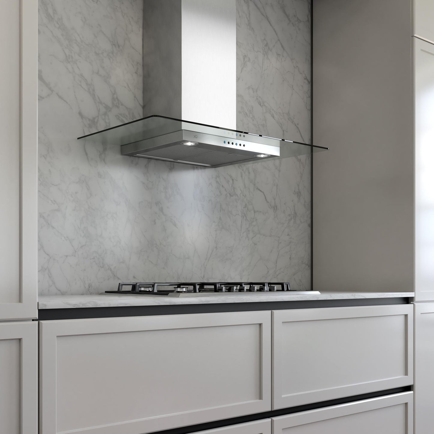XO APPLIANCE XOQ30GC 30" CCC 600/395 CFM Wall Chimney Hood Stainless/Glass in Stainless Steel - XOQ30GC