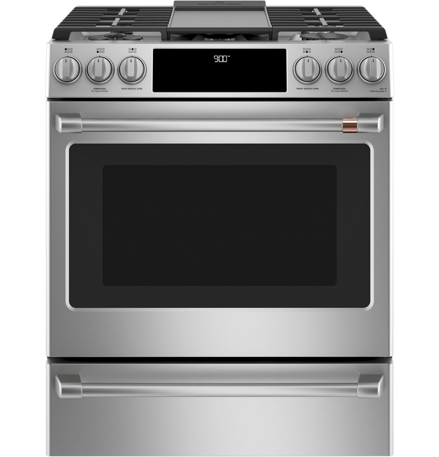 CAFE  30" Smart Slide-In, Front-Control, Dual-Fuel Range with Warming Drawer in Stainless Steel - C2S900P2MS1