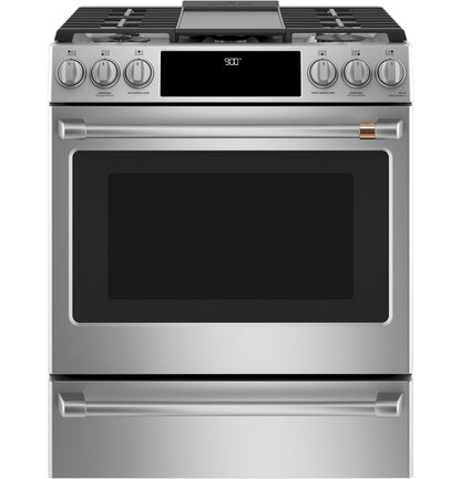 CAFE  30" Smart Slide-In, Front-Control, Dual-Fuel Range with Warming Drawer in Stainless Steel - C2S900P2MS1