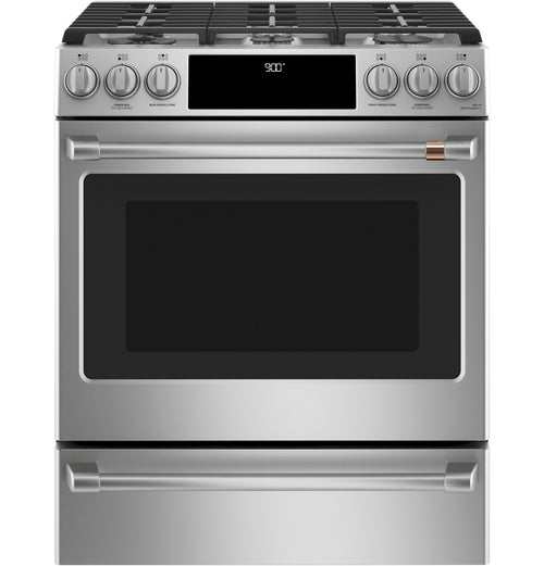 CAFE  30" Smart Slide-In, Front-Control, Dual-Fuel Range with Warming Drawer in Stainless Steel - C2S900P2MS1