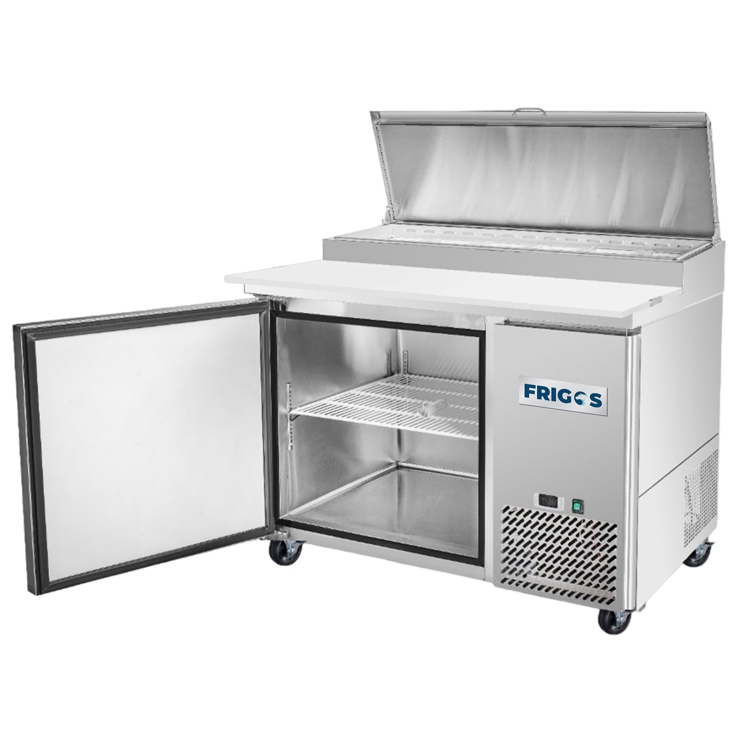Frigos Pizza Prep Table Refrigerator 44" Width 1 Door with Aluminum Interior with 304 Stainle - FG-PZPT-44ss Steel Floor