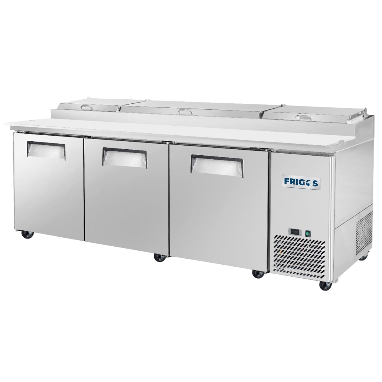 Frigos Pizza Prep Table Refrigerator 93" Width 3 Door  with Aluminum Interior with 304 Stainless Steel Floor - FG-PZPT-93