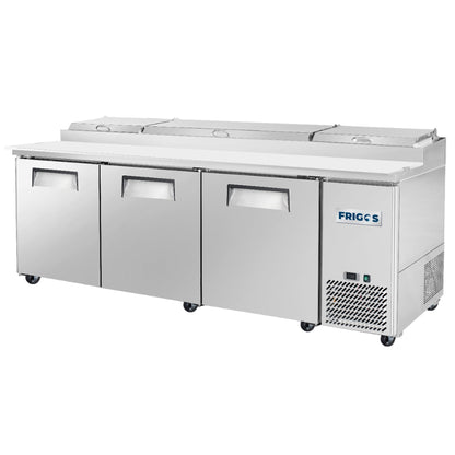 Frigos Pizza Prep Table Refrigerator 93" Width 3 Door  with Aluminum Interior with 304 Stainless Steel Floor - FG-PZPT-93