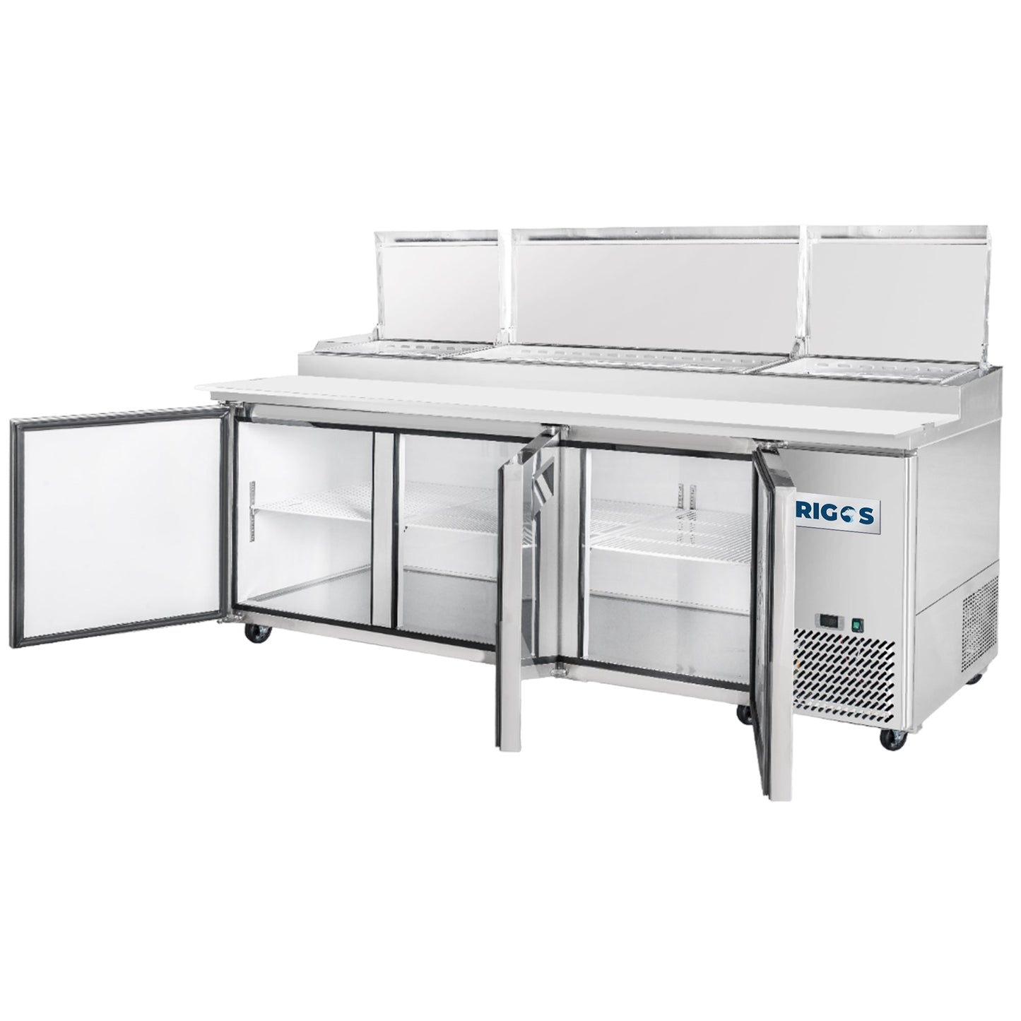 Frigos Pizza Prep Table Refrigerator 93" Width 3 Door  with Aluminum Interior with 304 Stainless Steel Floor - FG-PZPT-93