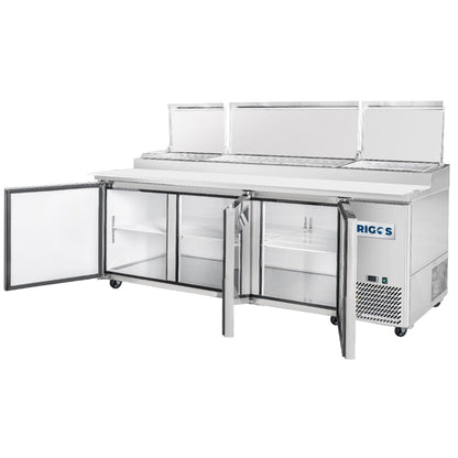 Frigos Pizza Prep Table Refrigerator 93" Width 3 Door  with Aluminum Interior with 304 Stainless Steel Floor - FG-PZPT-93