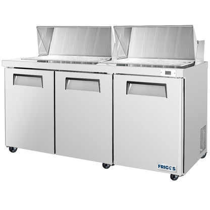 Frigos  Sandwich and Salad Prep Table Refrigerator 72" Width 3 Door  with Aluminum Interior - FG-SWPT-72 with 304 Stainless Steel Floor