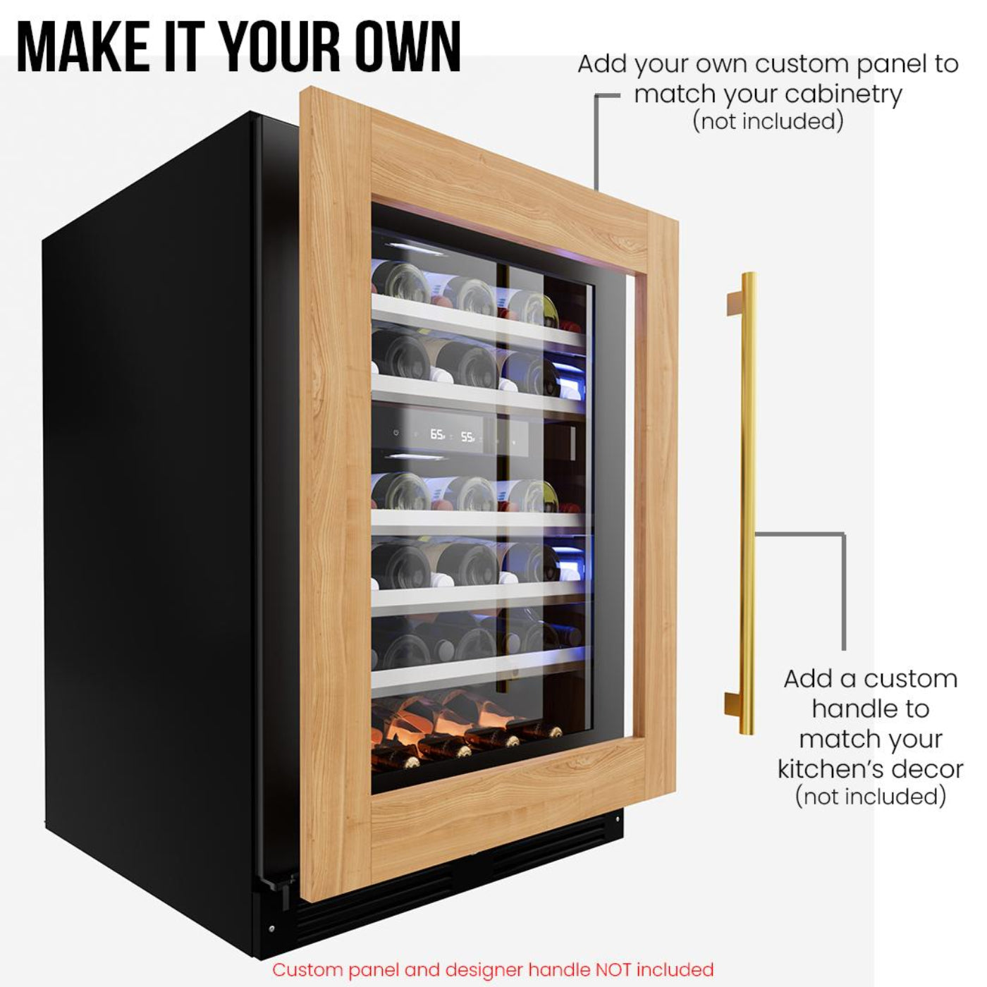 XO APPLIANCE XOU24WDZGOL 24" Wine Cooler, Dual Zone Panel Ready Glass, Left Hinge Custom Panel Ready - XOU24WDZGOL
