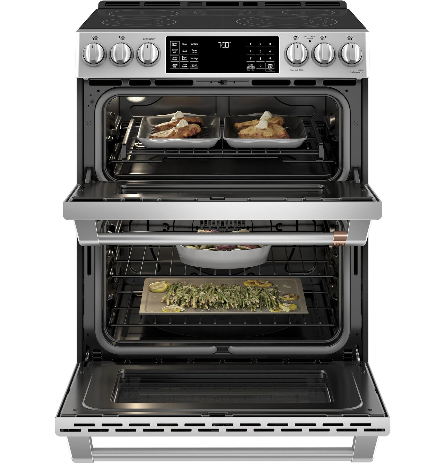 CAFE  30" Smart Slide-In, Front-Control, Radiant and Convection Double-Oven Range in Stainless Steel - CES750P2MS1