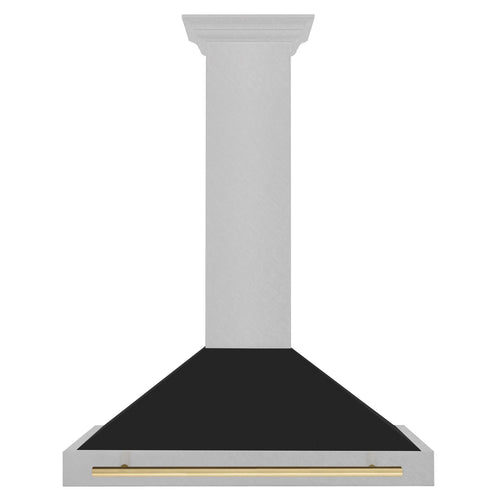 ZLINE KITCHEN AND BATH KB4SNZBLM48G ZLINE Autograph Edition 48 in. Convertible Satin in Stainless Steel Wall Mount Range Hood with Black Matte Shell and Polished Gold Handle (KB4SNZ-BLM48-G) - KB4SNZBLM48G