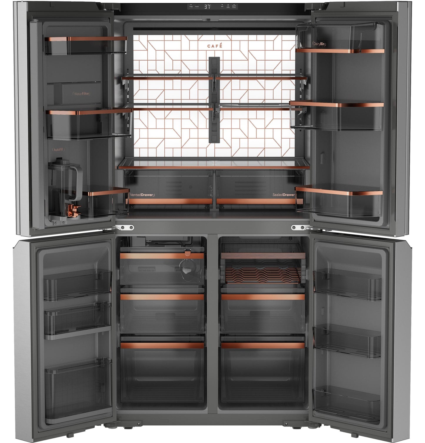 CAFE ENERGY STAR 22.9 Cu. Ft. Smart Counter-Depth Quad-Door Refrigerator in Platinum Glass with Dual-Dispense AutoFill Pitcher Gray - CHE23DM5WS5
