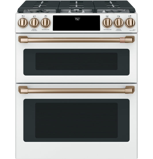 CAFE  30" Smart Slide-In, Front-Control, Gas Double-Oven Range with Convection White - CGS750P4MW2