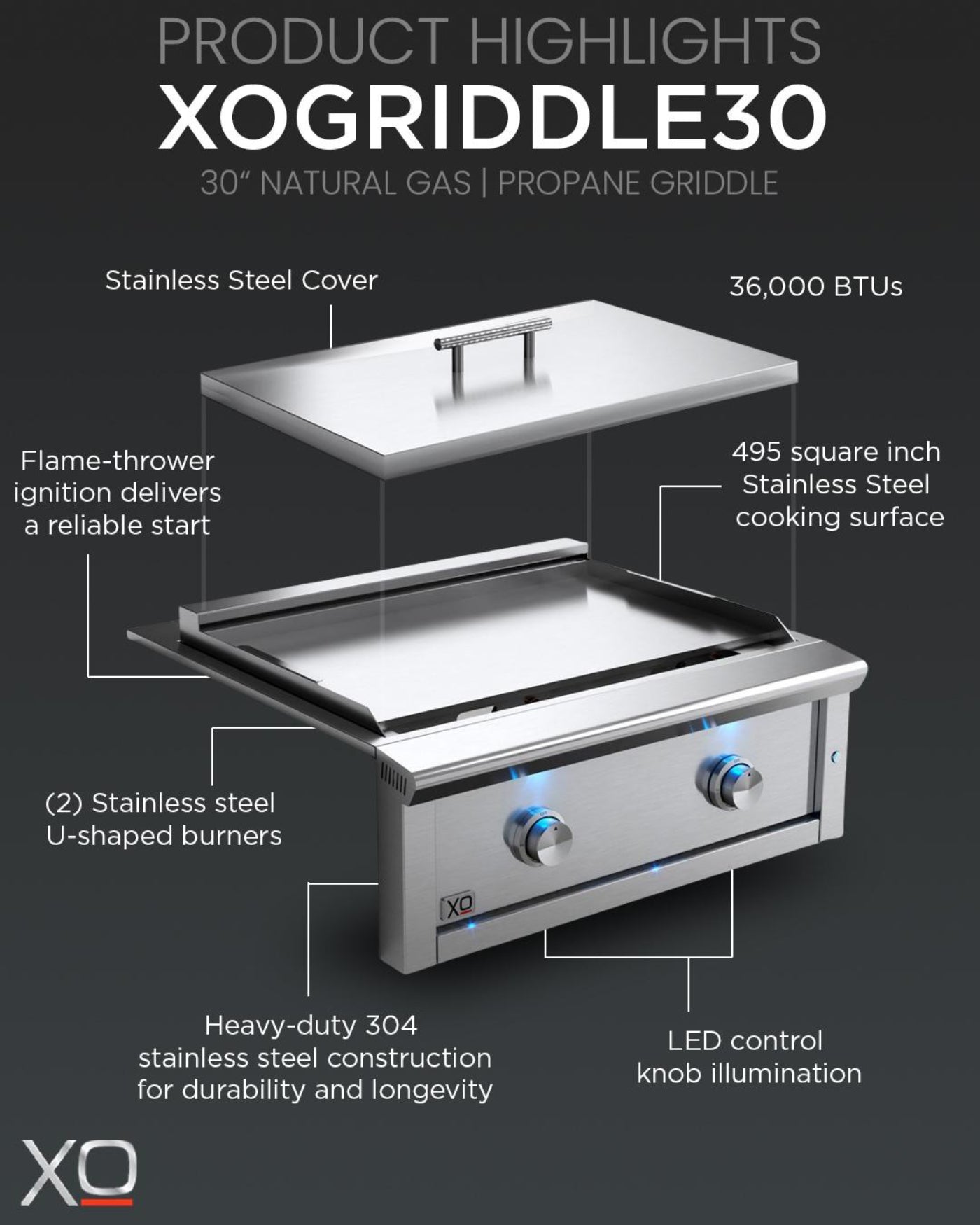 XO APPLIANCE XOGRIDDLE30N 30" Griddle NG in Stainless Steel - XOGRIDDLE30N