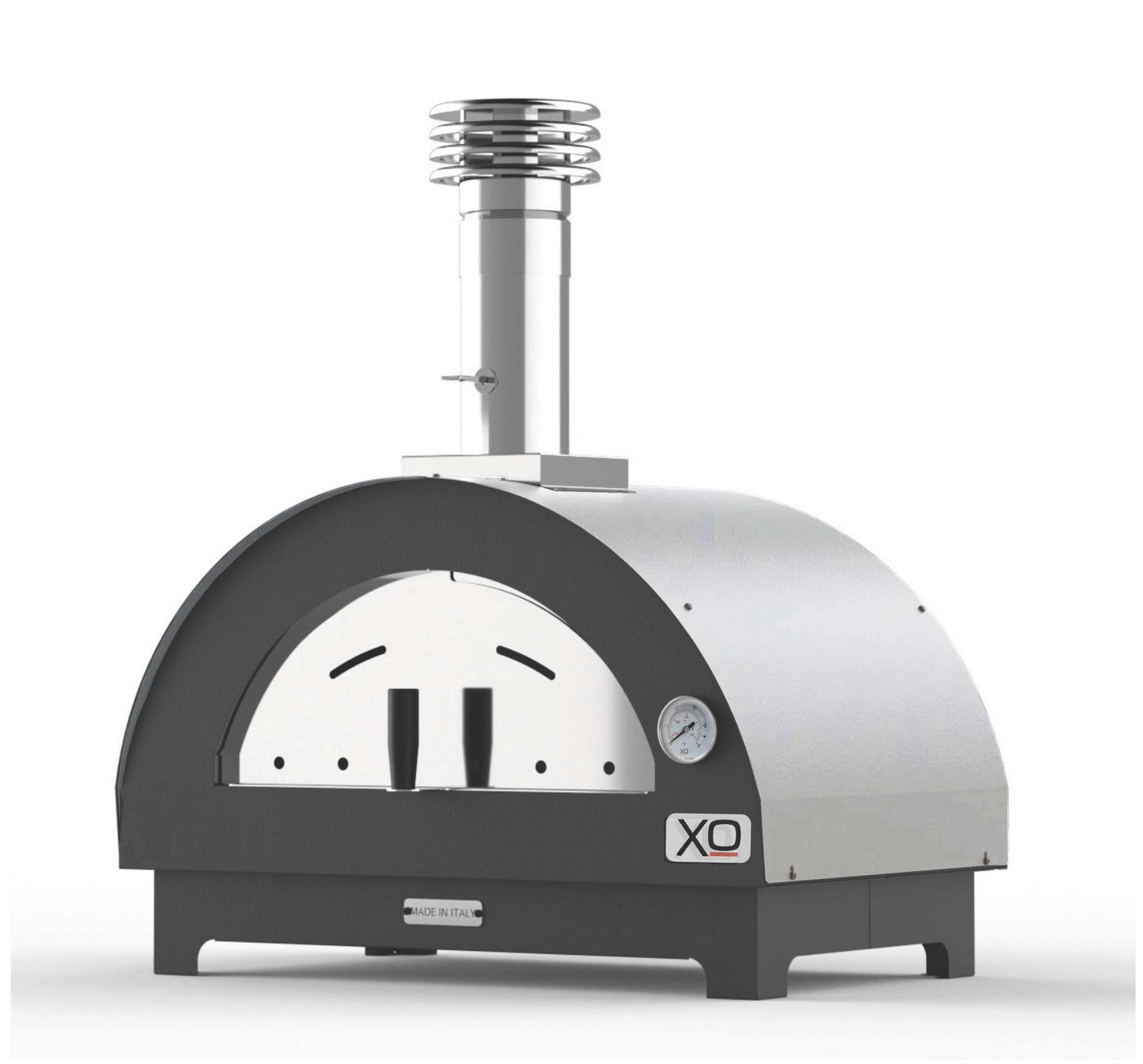 XO APPLIANCE XOPIZZA1SS Tabletop 24" x 16" Wood-Fired Oven in Stainless Steel On Black  - XOPIZZA1SS