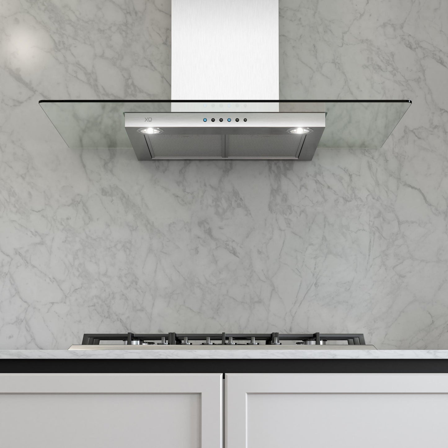 XO APPLIANCE XOQ36GC 36" CCC 600/395 CFM Wall Chimney Hood Stainless/Glass in Stainless Steel - XOQ36GC