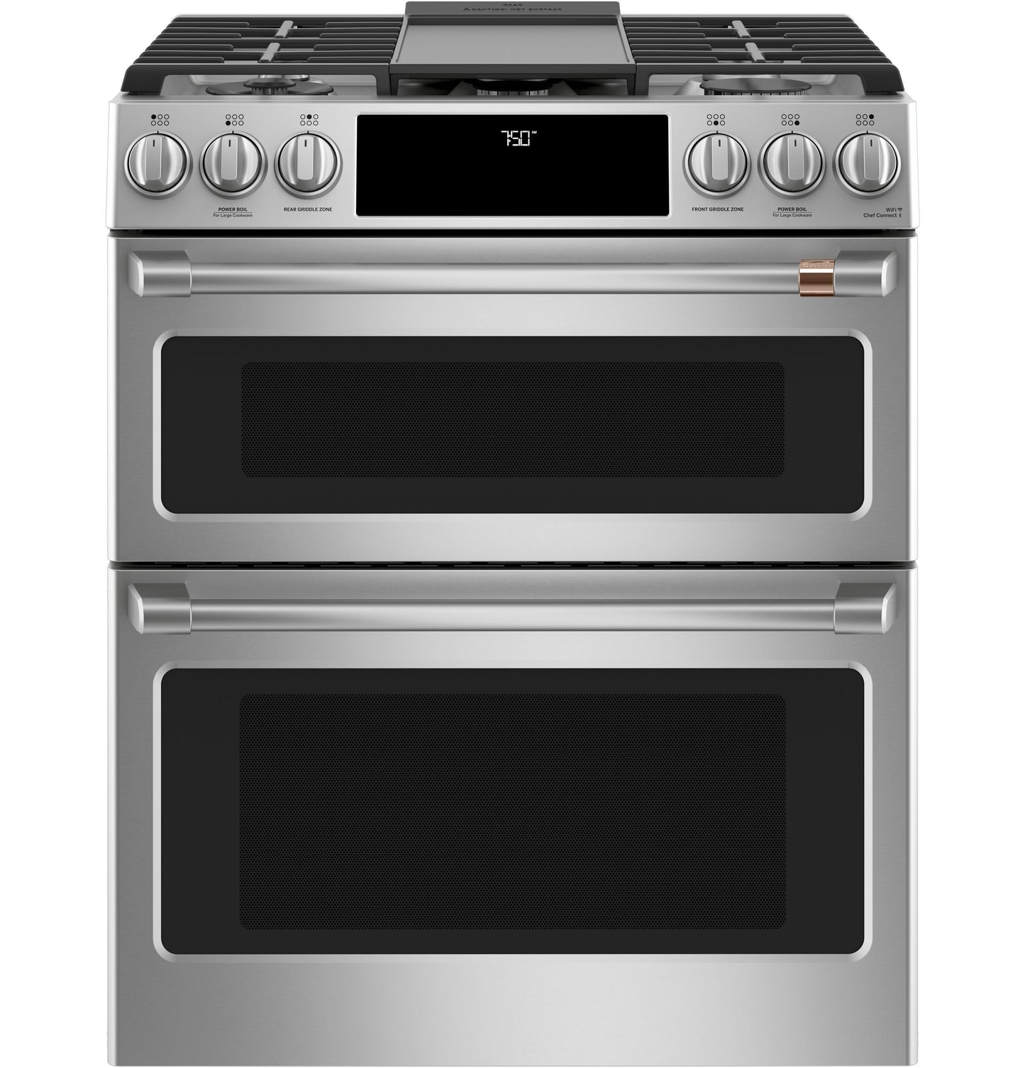CAFE  30" Smart Slide-In, Front-Control, Gas Double-Oven Range with Convection in Stainless Steel - CGS750P2MS1