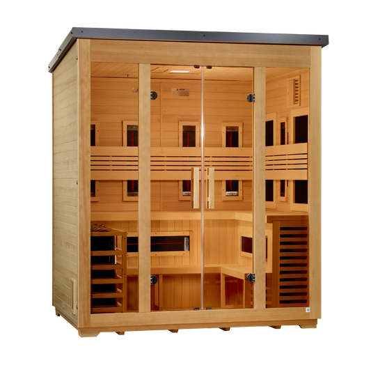 Golden Designs "Gargellen" 5 Person Hybrid (PureTech™ Full Spectrum IR or Traditional Stove) Flat Roof Outdoor Sauna  - GDI-8025-01