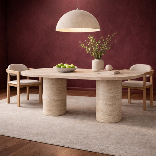 Lovecup  Travertine Marble Dining Table - 2 Cylinder Pedestal Legs - GEORGEYEMEKMASASI