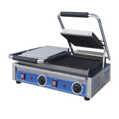 Globe Bistro Series Double Sandwich Grill with Grooved Plates - 3200W - GLGPGDUE10