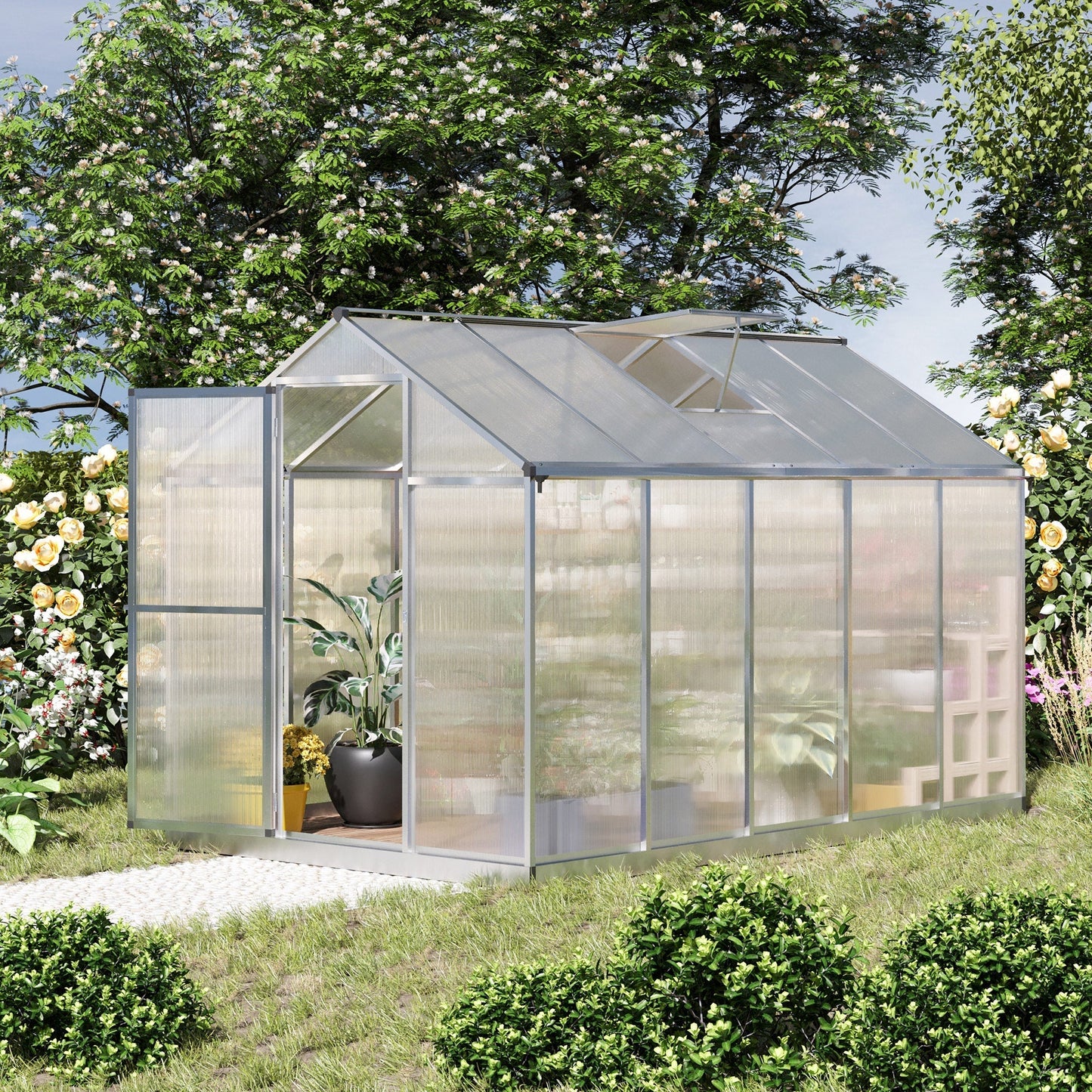 Outsunny 10' x 6' Polycarbonate Greenhouse with Rain Gutter and Roof Vent, Aluminum Frame, Silver - 845-243V02