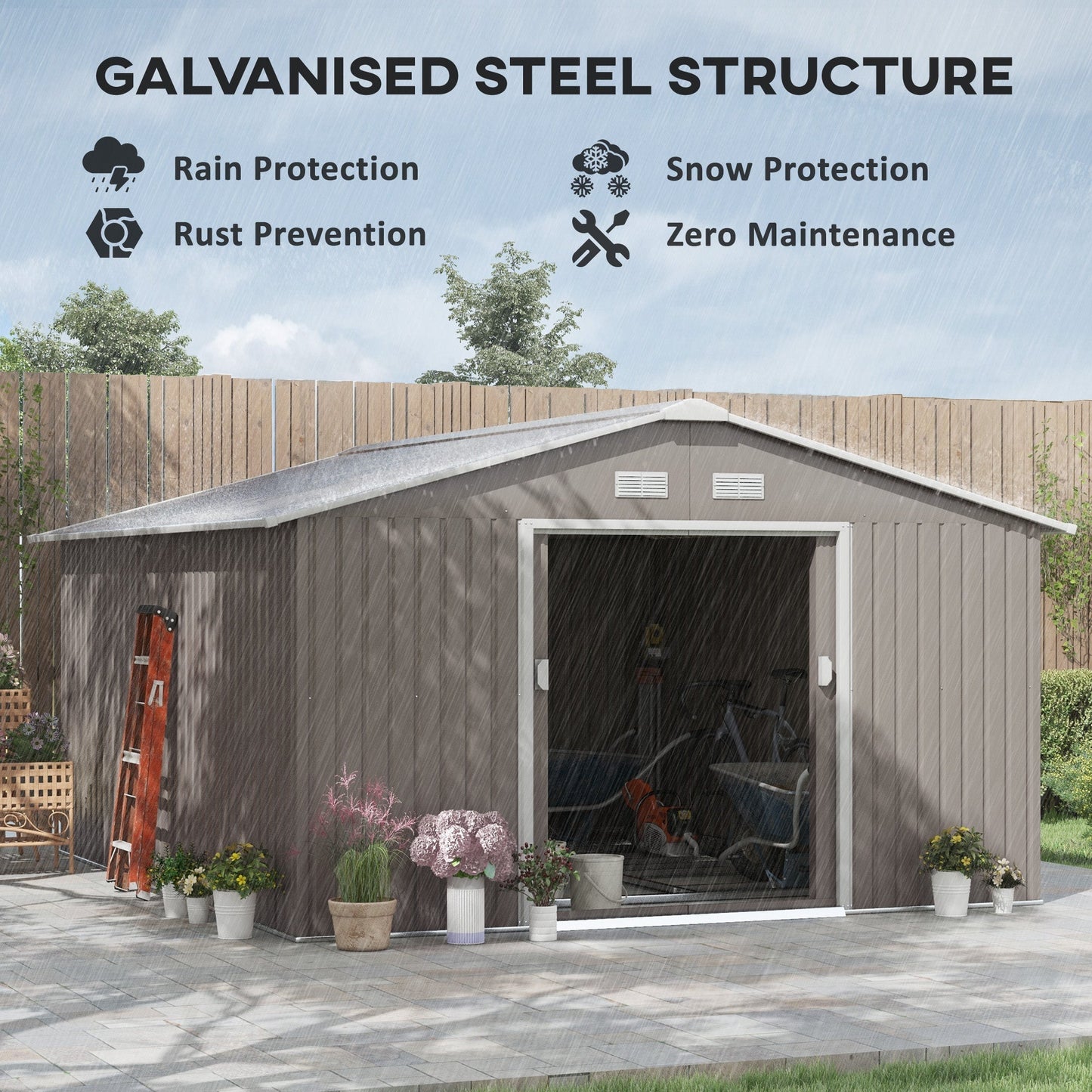 Outsunny EverBase 11' x 13' Outdoor Storage Shed with Double Lockable Door & Air Vents, Light Gray - 845-031V01LG