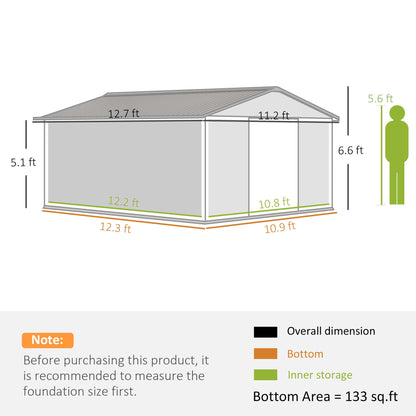 Outsunny EverBase 11' x 13' Outdoor Storage Shed with Double Lockable Door & Air Vents, Light Gray - 845-031V01LG