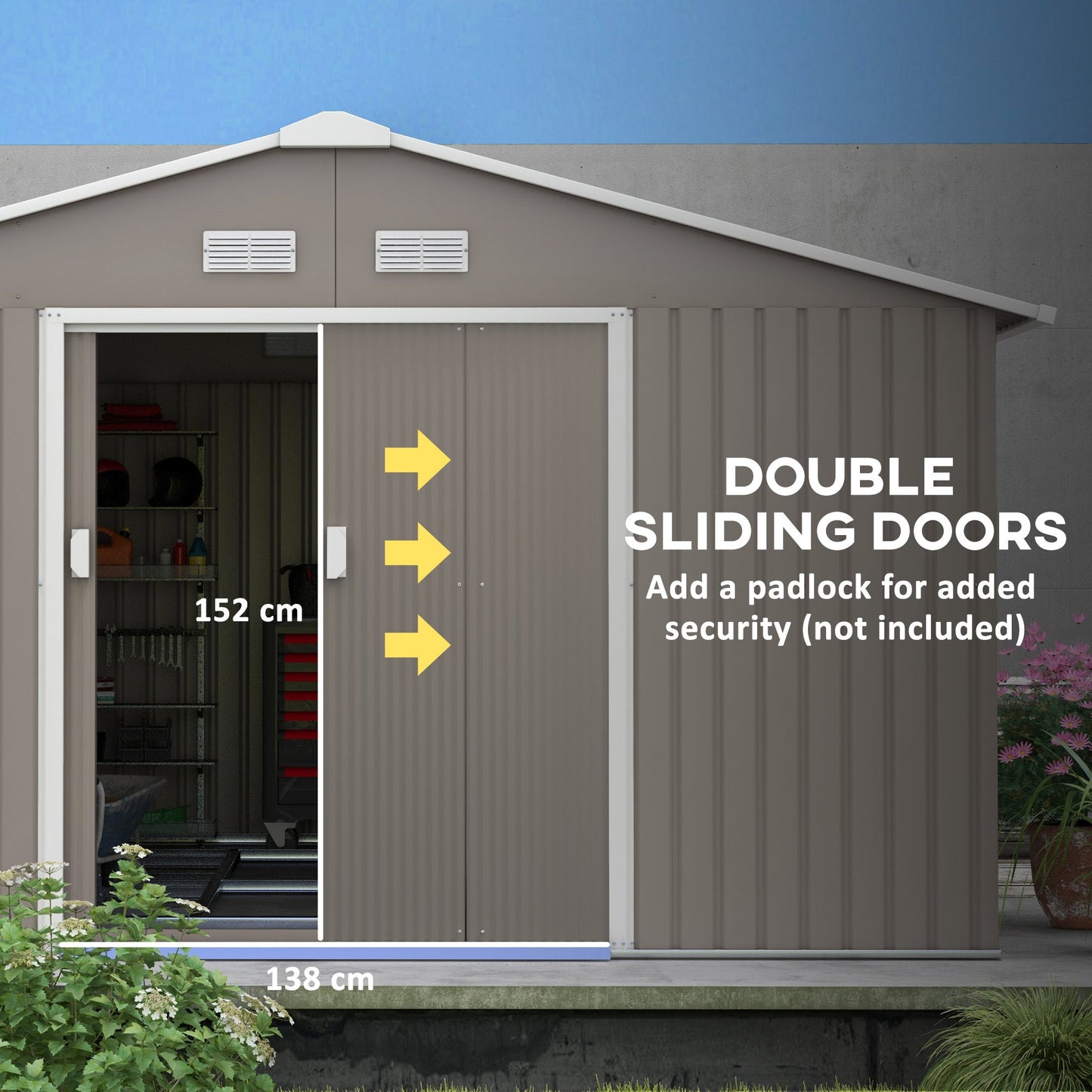Outsunny EverBase 11' x 13' Outdoor Storage Shed with Double Lockable Door & Air Vents, Light Gray - 845-031V01LG
