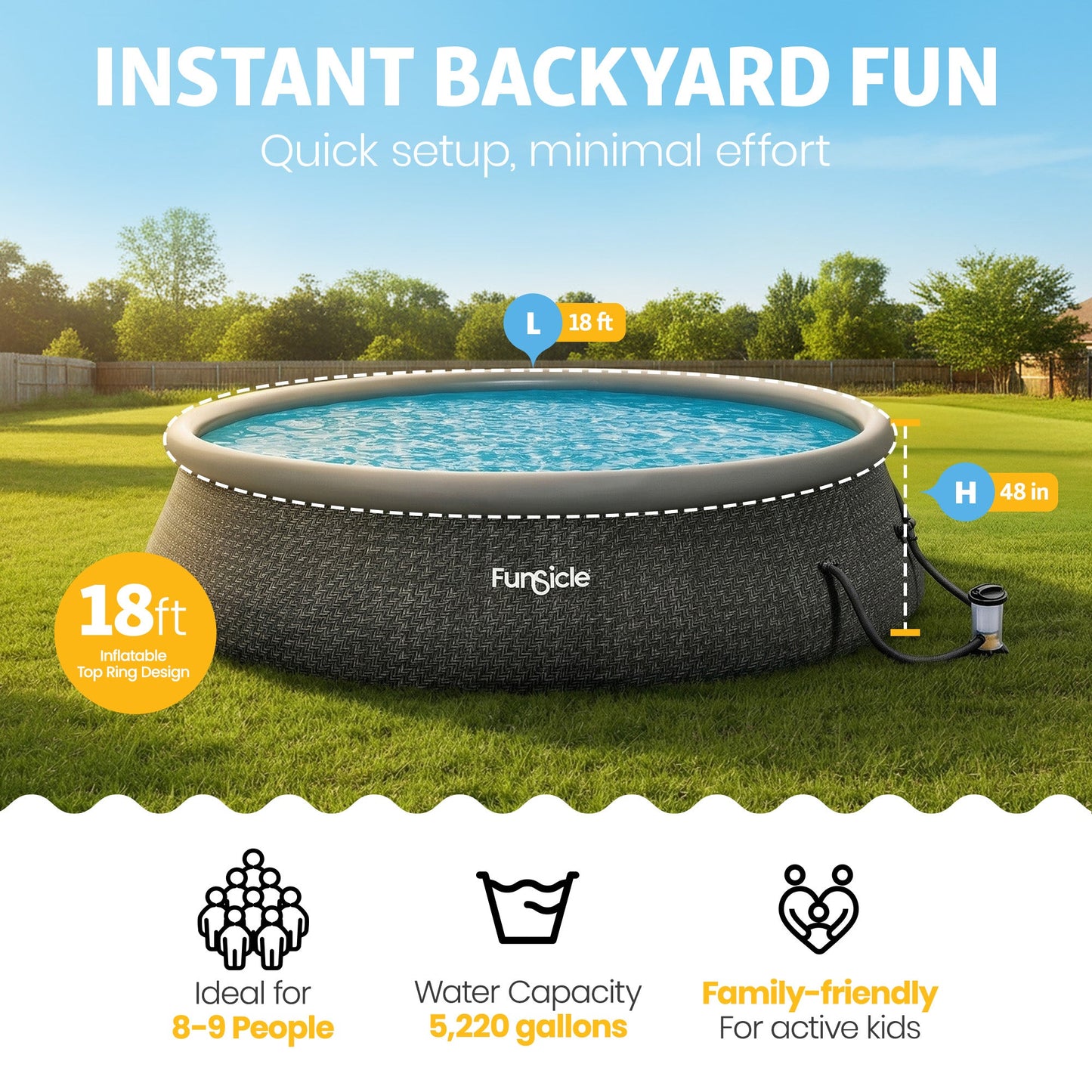 Summer Waves Funsicle 18' x 48" QuickSet Inflatable Ring Top Outdoor Above Ground Pool w/Pump - 308882
